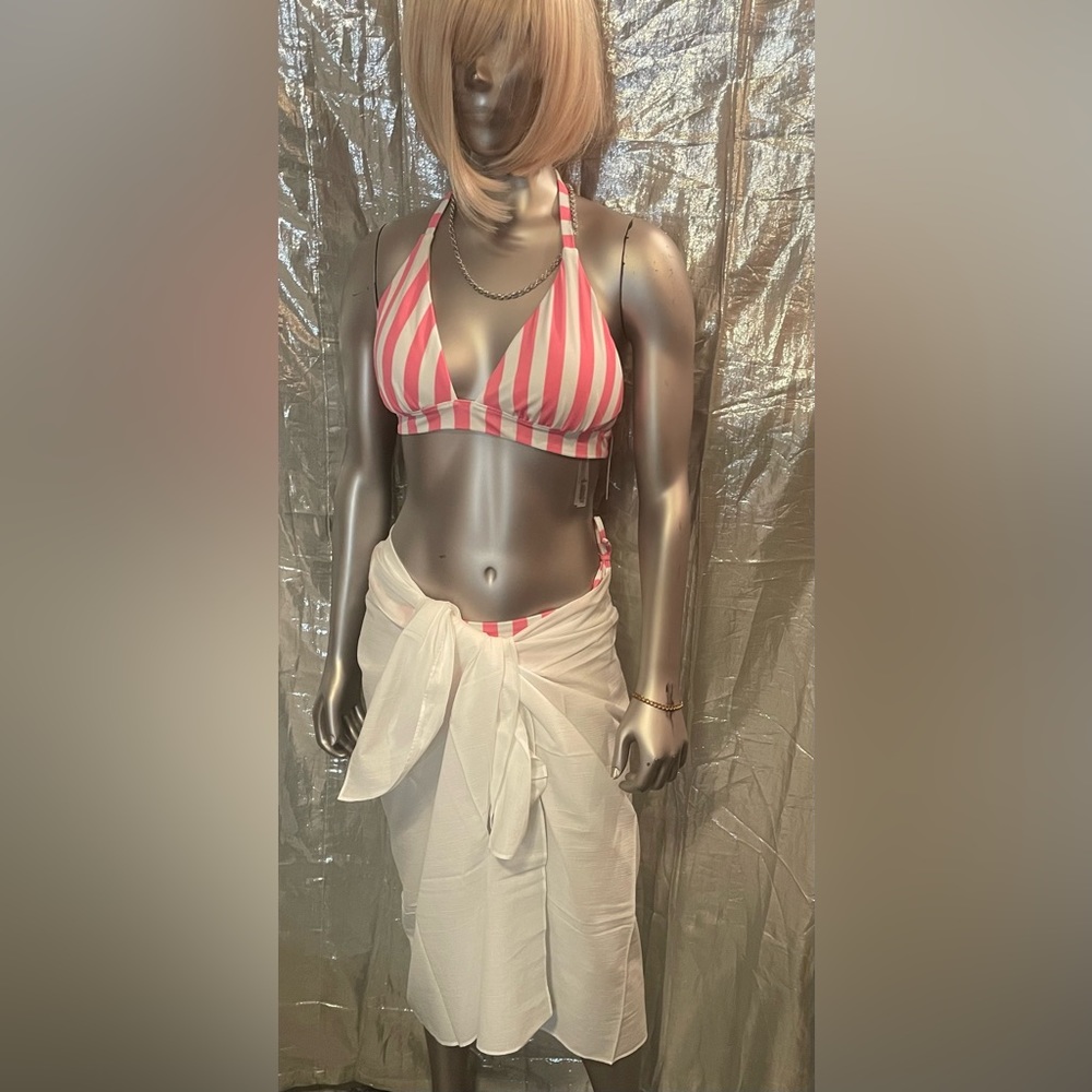 Sz M Pink Pinstripe Bikini and Swimsuit Wrap by Victoria Secret 3PC